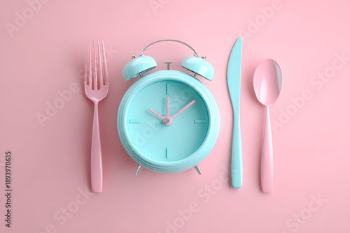 Alarm clock and plate with cutlery . Concept of intermittent fasting, lunchtime, diet and weight loss