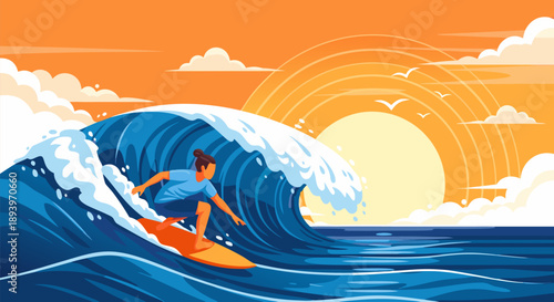 Surfing the golden wave a vibrant vector illustration of a surfer riding a cresting wave under a warm, setting sun, capturing the thrill of the ocean sport