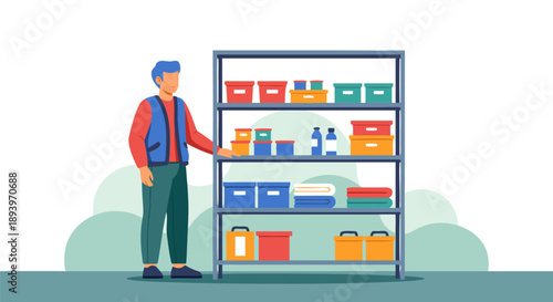 Person Organizing Storage Shelves with Boxes and Bottles - Vector Illustration