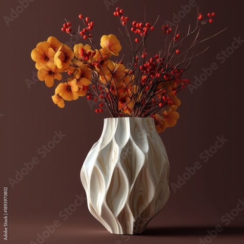 Elegantly shaped vase adorned with vibrant flowers and captivating branches on a deep background