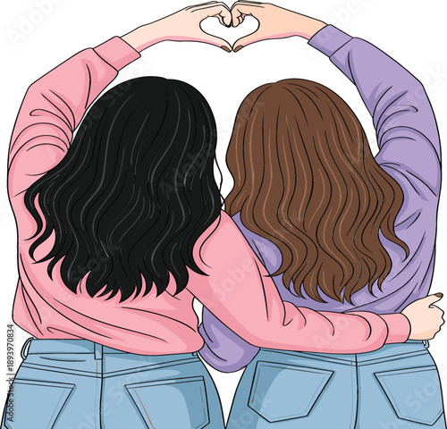 Two best friends or sisters from back view wearing pink and purple sweatshirts making heart shape with hands for friendship day love and togetherness vector illustration.