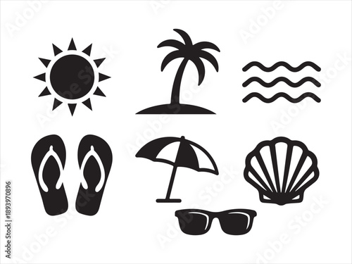 Hand-drawn set of tropical vacation elements, Summer set of web icons in line style. Summer vacation icons including a palm tree, umbrella, sunglasses, and flip-flops holiday concepts