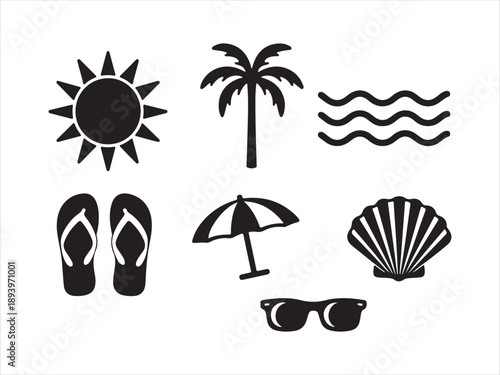 Hand-drawn set of tropical vacation elements, Summer set of web icons in line style. Summer vacation icons including a palm tree, umbrella, sunglasses, and flip-flops holiday concepts