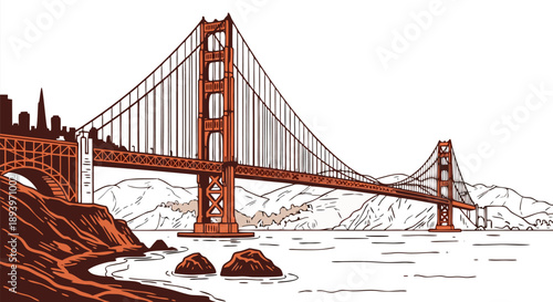 Golden Gate Bridge vector illustration, San Francisco iconic landmark landscape art