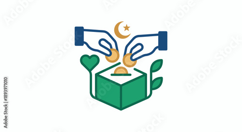 Hands giving coins into a green box with heart and leaves