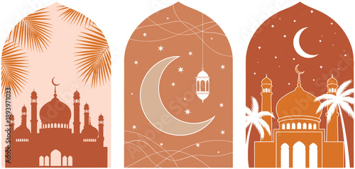 Set of three boho style Islamic arch vectors featuring mosque silhouettes crescent moon lanterns and palm leaves in warm terracotta tones for Ramadan and Eid Mubarak designs.