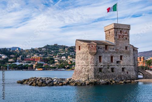 Rapallo (Province of Genoa, Liguria), Italy, 01.05.2026: view of the old castle in the front of the coast village along the italian riviera.