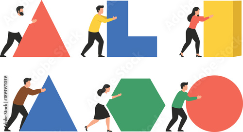People Moving Geometric Shapes Illustration Showing Men and Women Pushing Abstract Forms for Teamwork, Problem Solving, and Creative Concept Design