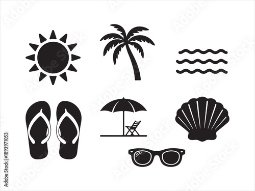 Hand-drawn set of tropical vacation elements, Summer set of web icons in line style. Summer vacation icons including a palm tree, umbrella, sunglasses, and flip-flops holiday concepts