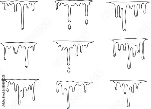 Dripping liquid paint and melting slime drops set vector illustration black and white outline design elements.