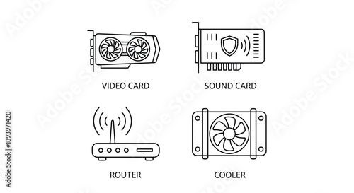 Computer hardware components in minimalist line art style with black lines on white background for tech illustration