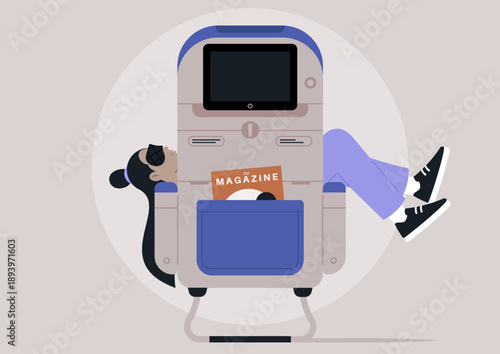 A traveler finds comfort in the cozy airplane seat, deeply asleep with a sleeping mask on, The serene atmosphere captures a moment of bliss during flight