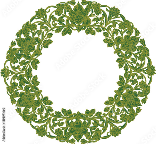 described showcases a circular wreath or frame made up of stylized green leaves and foliage. This design is symmetrical, which contributes to its balanced and harmonious appearance. The intricate deta