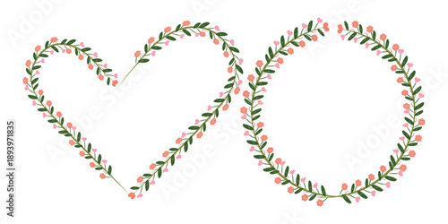 Decorative floral heart wreath frame made of leaves and small flowers, perfect for romantic designs, wedding invitations, Valentine backgrounds, greeting cards, and love themed creative projects.