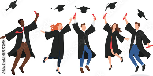 Graduation Celebration Illustration Showing Happy Graduates Jumping with Diplomas and Tossing Caps for Education, Achievement, and Success Design