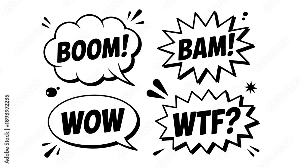Fototapeta premium Comic book style speech bubbles with boom bam wow and wtf text expressions