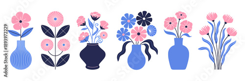 Setofillustrationsofflowersindifferentcoloredvasesonwhitebackground