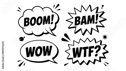 Comic book style speech bubbles with boom bam wow and wtf text expressions