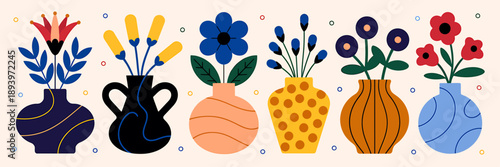 Colorful vases with flowers on a beige background with dots
