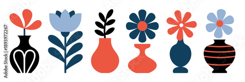 Colorful flat design vases with flowers in various shapes and colors on white background