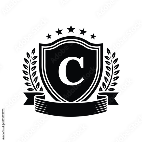 Black and white emblem featuring a shield with a central letter c