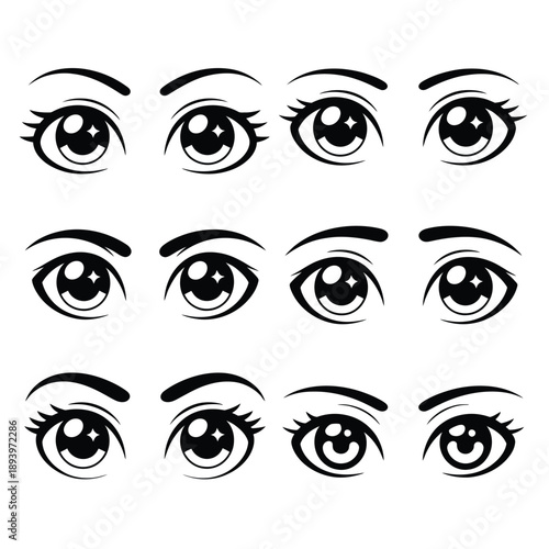 Collection of stylized anime eyes with varying expressions and details