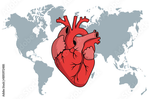 Illustration of a human heart on a world map background