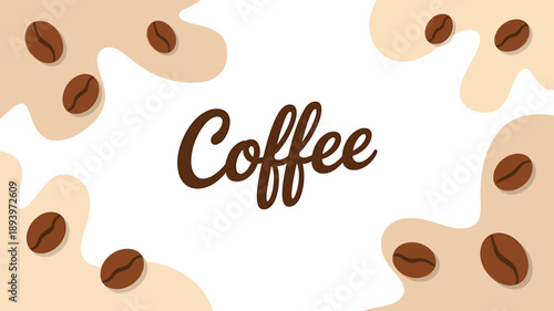 Brown coffee beans and coffee text on abstract beige and white background