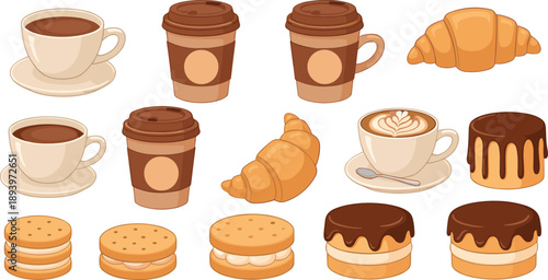 Coffee shop bakery vector set. Cups of coffee takeaway mugs croissants cakes and biscuits. Sweet cafe menu elements for breakfast, dessert and food design.