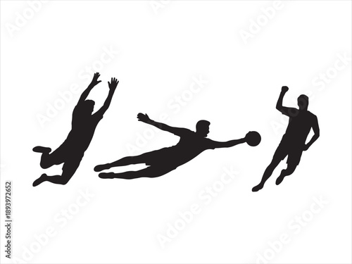 Silhouette of female soccer goalkeeper diving to catch ball in action pose, Black silhouettes of soccer players in different action poses, isolated vector illustration