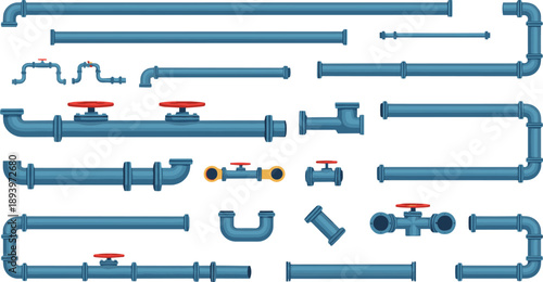 Modular industrial pipe segments vector set. Straight pipes elbows joints valves and connectors. Buildable plumbing system elements for engineering diagrams and technical design.
