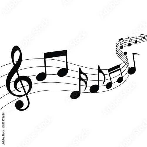 Black musical notes and treble clef floating on a white background