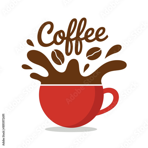 Red coffee cup with splashing brown coffee and beans on white background