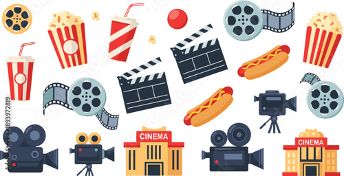Cinema movie elements vector collection. Popcorn drinks film reels cameras clapperboards and theaters. Flat entertainment icons arranged as creative movie collage.