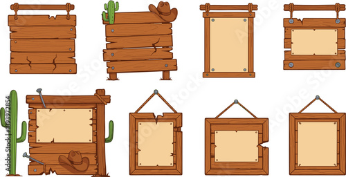 Wild west wooden notice boards vector set. Empty hanging frames and blank signboards with cactus and cowboy hat. Rustic western panels for text, UI and posters.