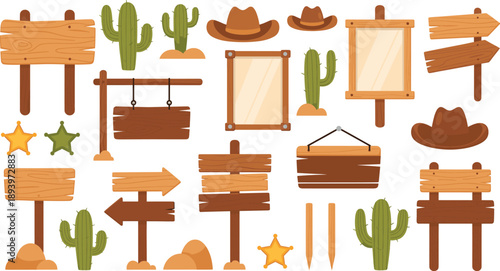 Wild west wooden sign vector set. Cowboy signs with arrows boards cactus hats stars and mirrors. Western desert elements for game UI, posters and themed design.