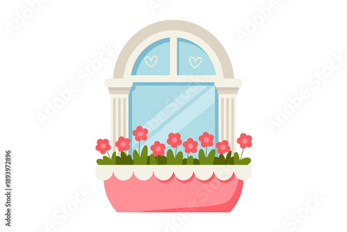 Cartoon illustration of window with flower pot on the bottom  plants and flowers