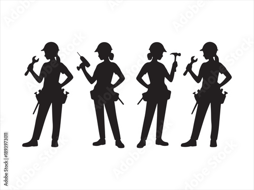 Female Construction Worker, Construction worker silhouettes with tools, female workers, safety helmets, diverse poses, work equipment, black vector illustration.