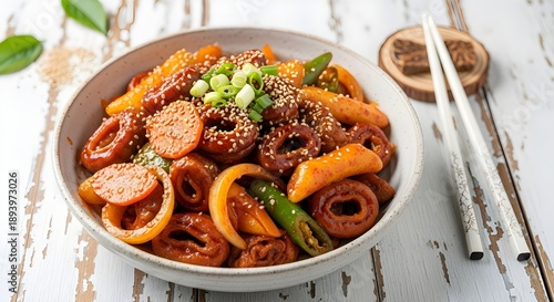 Traditional Korean spicy stir-fried beef large intestine (Daechang) mixed with chewy tteokbokki rice cakes, carrots, and onions, garnished with sesame seeds and scallions.
