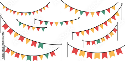 Bunting flags garland decoration illustration. Golden color festive pennant banners hanging for party, celebration and event decoration vector set.