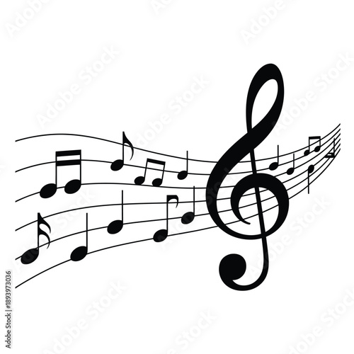 Musical notes and a treble clef create a flowing musical design