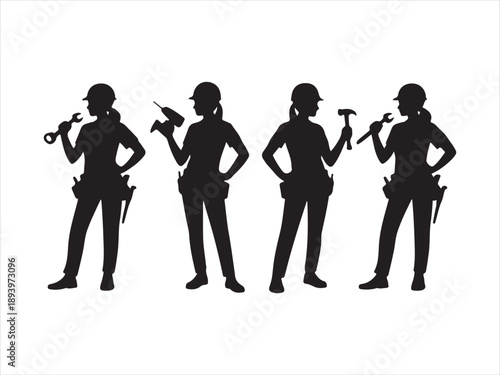 Female Construction Worker, Construction worker silhouettes with tools, female workers, safety helmets, diverse poses, work equipment, black vector illustration.