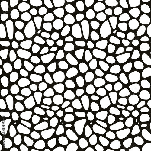 Abstract black and white pattern resembling organic irregular pebble shapes