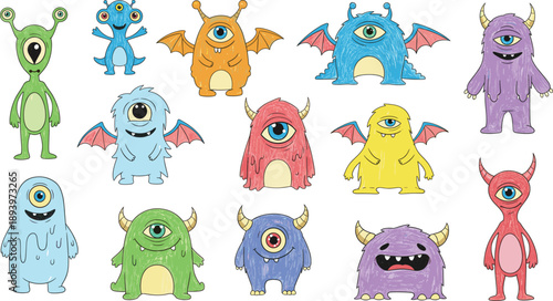 Fantasy monster character collection. Cute colorful creatures with one eye horns wings and unique shapes. Hand drawn flat vector cartoons for kids games, books and stickers.