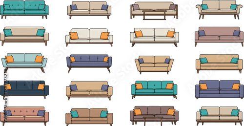 Sofa catalog furniture illustration set. Multiple couch designs with pillows in neutral and pastel colors. Flat vector seating collection for interior catalogs, ecommerce and layout mockups.