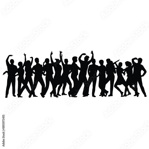 Silhouettes of people dancing and celebrating in a lively joyous scene