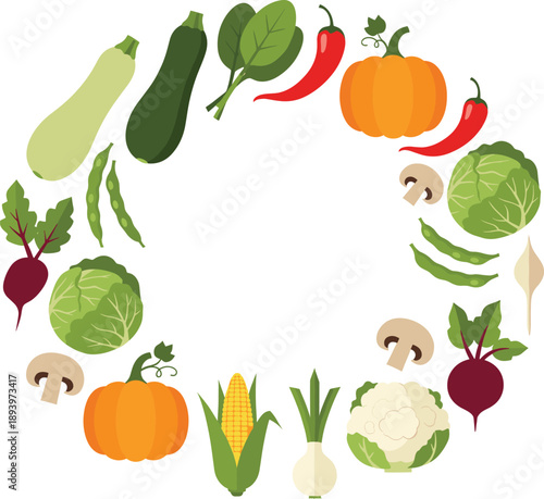 Vegetable wreath flat illustration frame. Circular arrangement of fresh garden vegetables forming a natural border. Clean vector composition for menus, posters and healthy food design.
