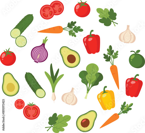Fresh vegetable ingredient vector elements. Assorted garden veggies including tomato carrot cucumber pepper and avocado. Clean flat illustrations for cooking recipes, nutrition charts and food design.