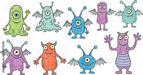 Cute monster cartoon character set. Funny colorful creatures with horns wings and big eyes. Hand drawn flat vector illustrations for kids design, games and stickers.