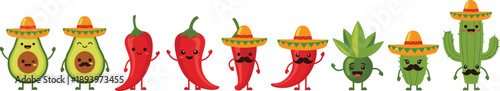 Mexican food cartoon character lineup. Cute chili avocado cactus mascots wearing sombrero hats. Funny flat vector characters for fiesta design, stickers and kids content.